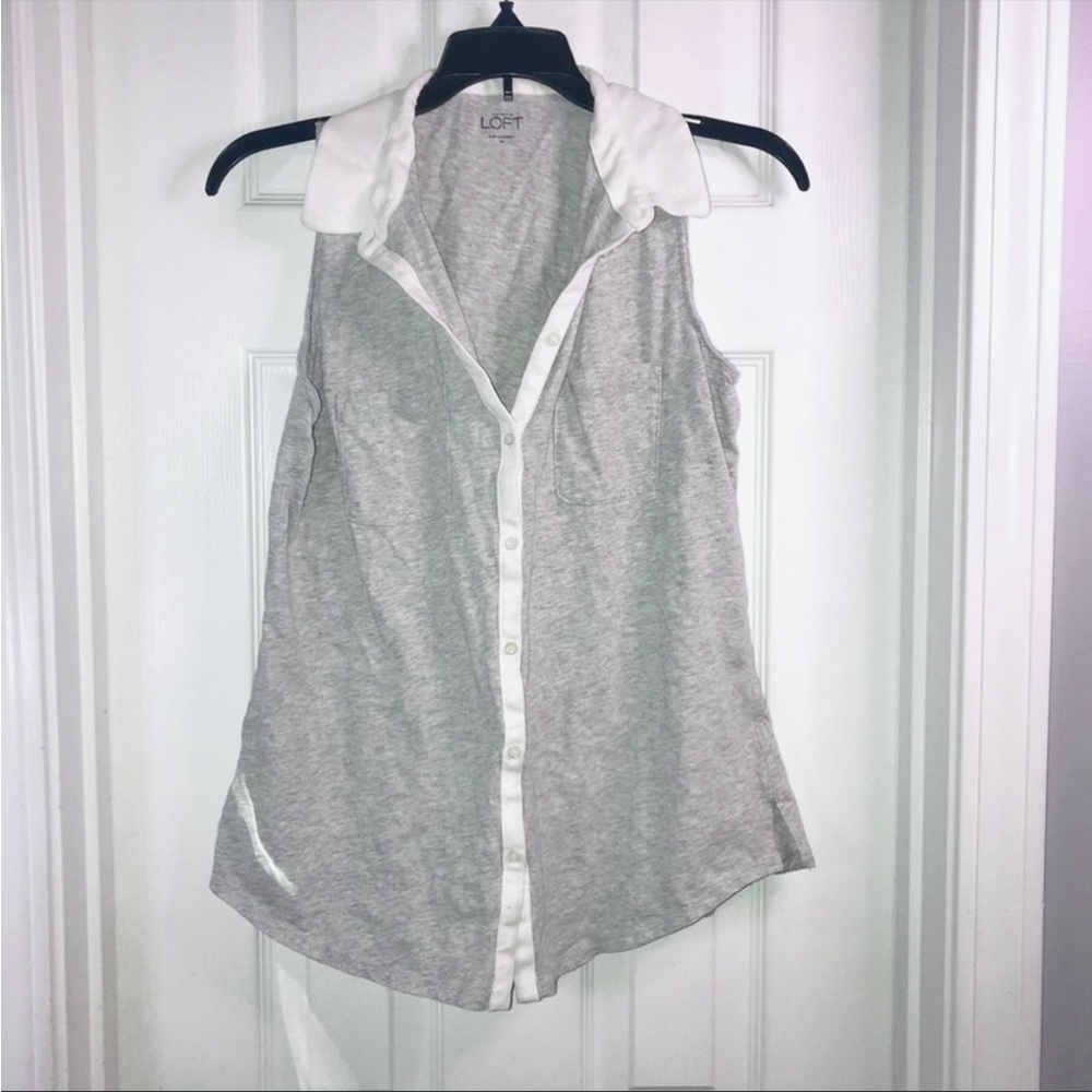 Loft Sleeveless Button Down Polo Gray White Color Block Size M